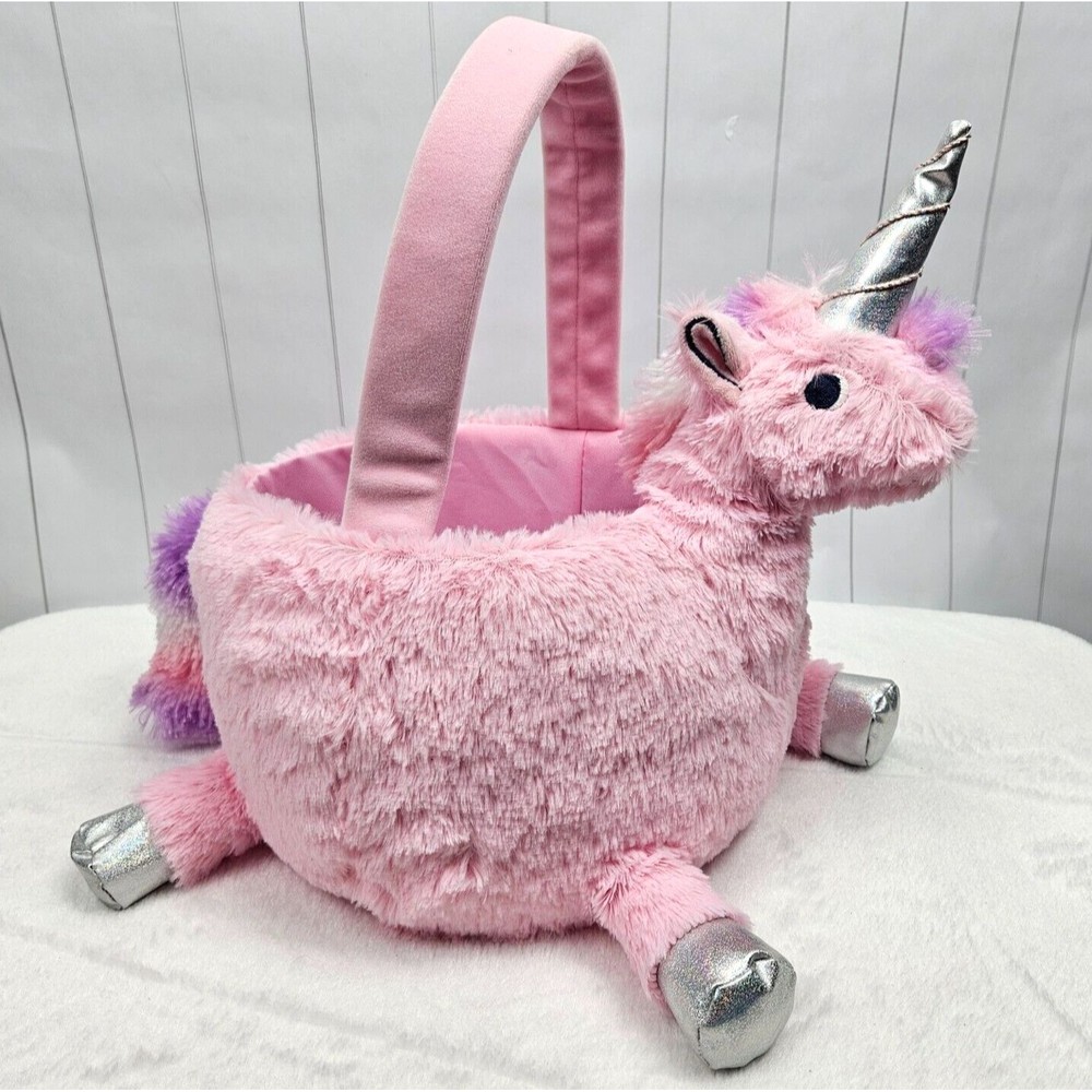 Easter Basket Plush Unicorn Pink Purple White Silver Metallic Horn Hooves Lined